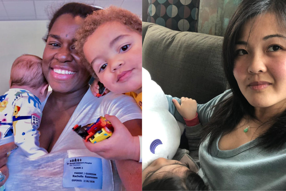 Left: A woman with her a young baby in arms and an slightly older child, playing with toys; Right: A woman with her young daughter on her lap