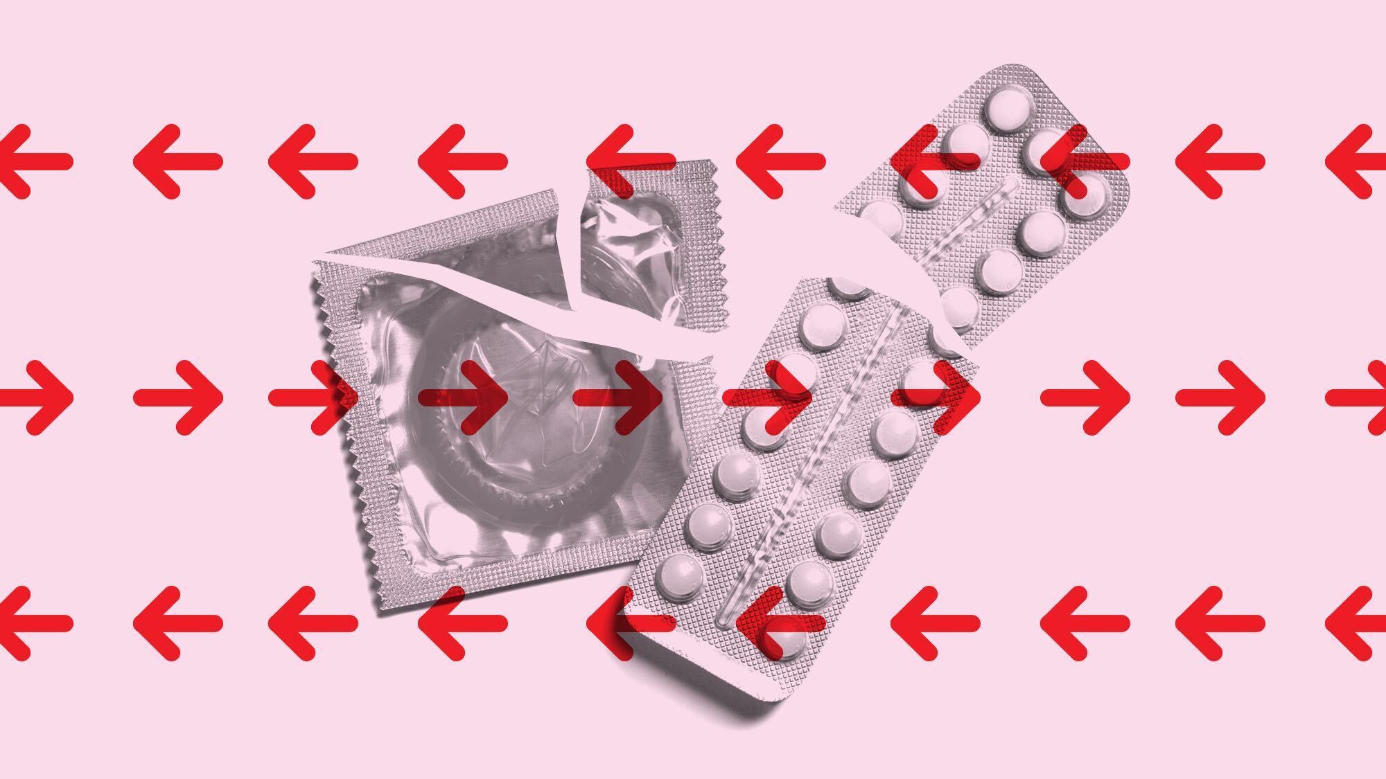 Birth control tablets and condom, red arrows in both directions