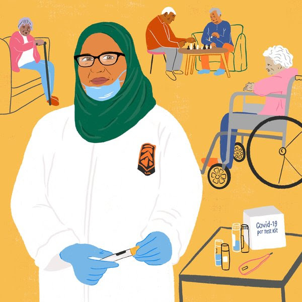 Sketch of a nurse wearing a green hijab and mask, testing for covid19 virus with elderly patients in the background; people in wheelchairs