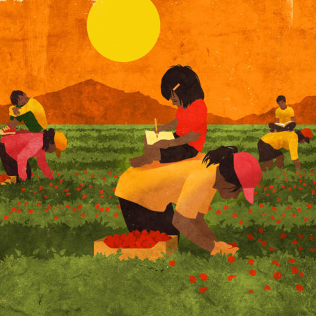 An illustration of young children sitting on the backs of their parents who are working in the agricultural fields; children are reading a book or writing.