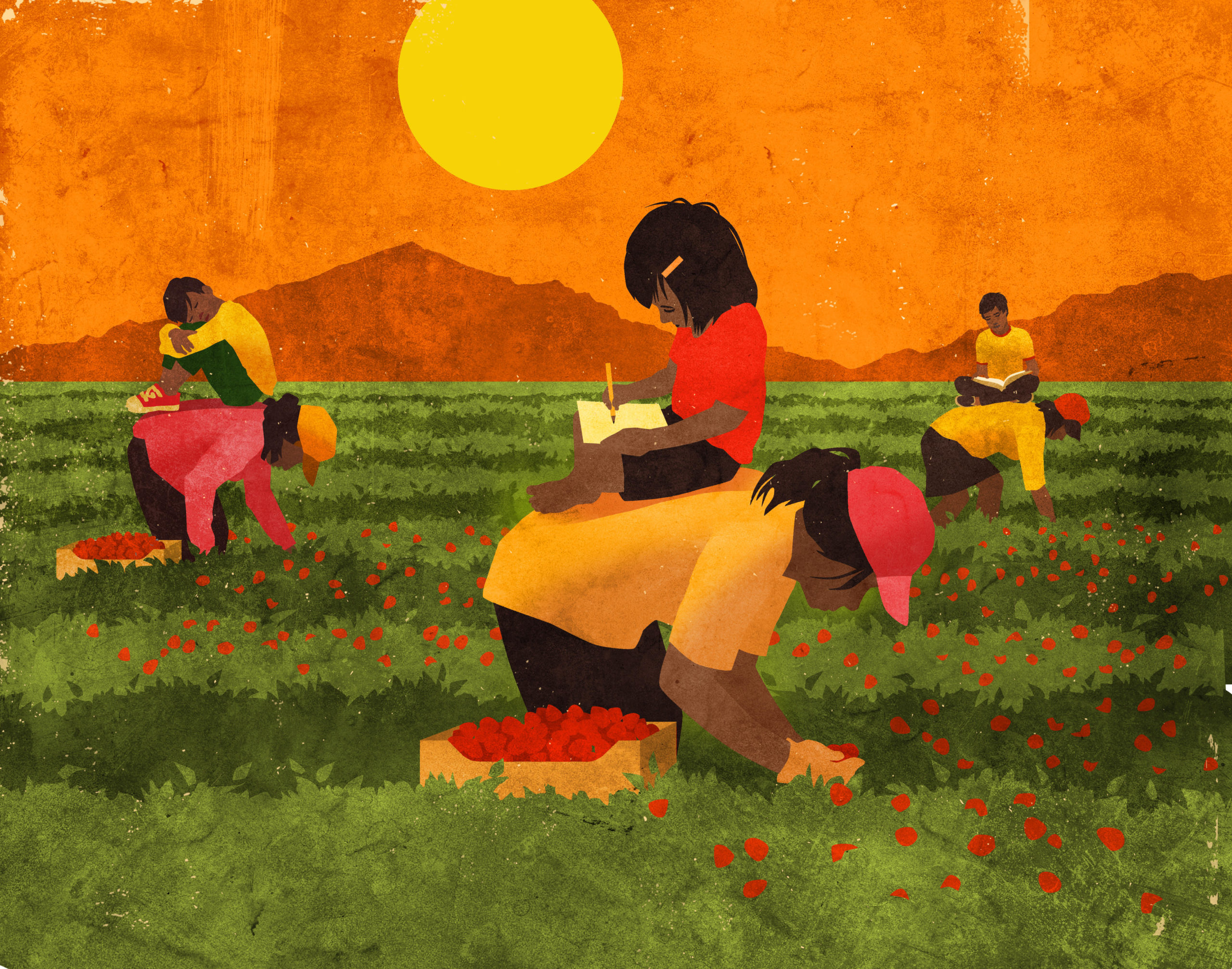 An illustration of young children sitting on the backs of their parents who are working in the agricultural fields; children are reading a book or writing.