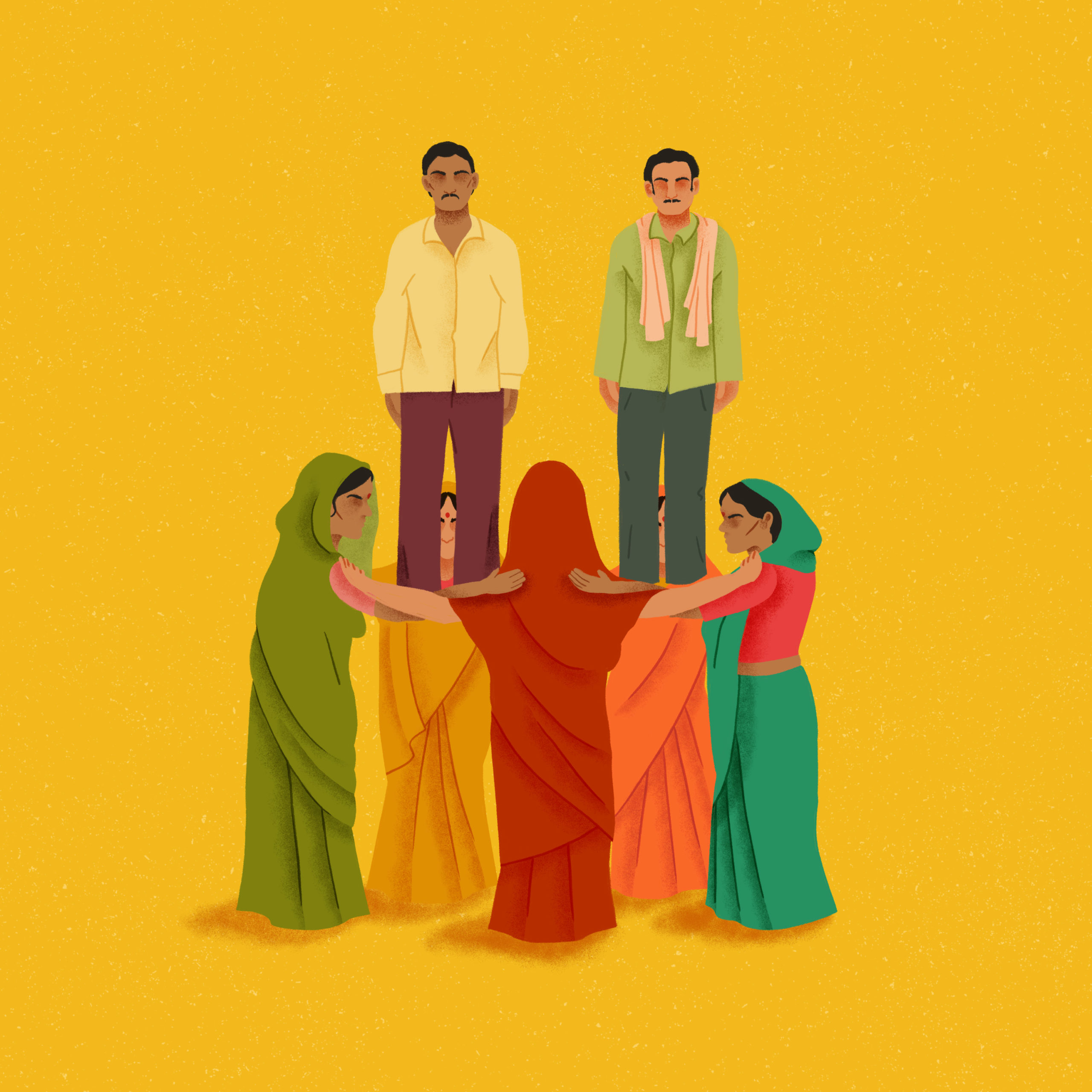 An illustration of women standing in a circle with men standing on their shoulders