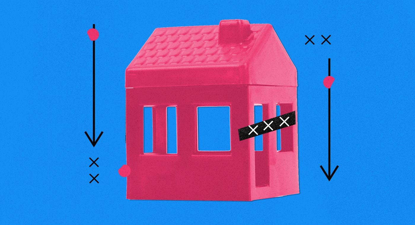 A graphical representation with a pink house with three Xs overlaid on the door