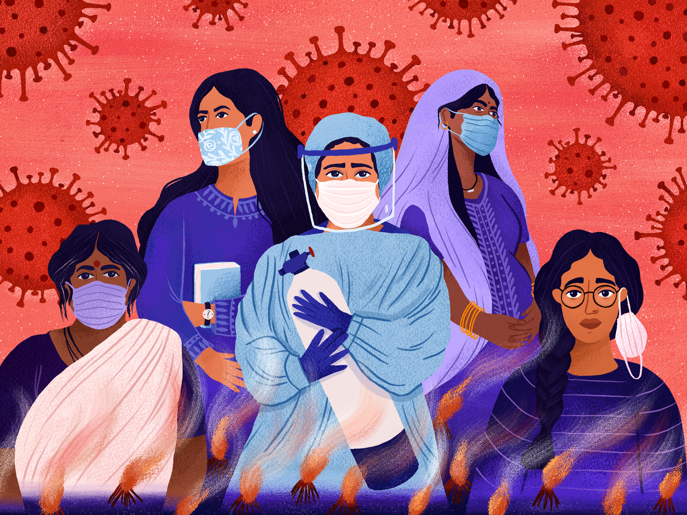 An illustration depicting Indian women with masks against a backdrop of stylized coronaviruses