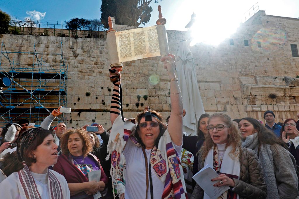 A photo of a large group of women protesting at the Western Wall
