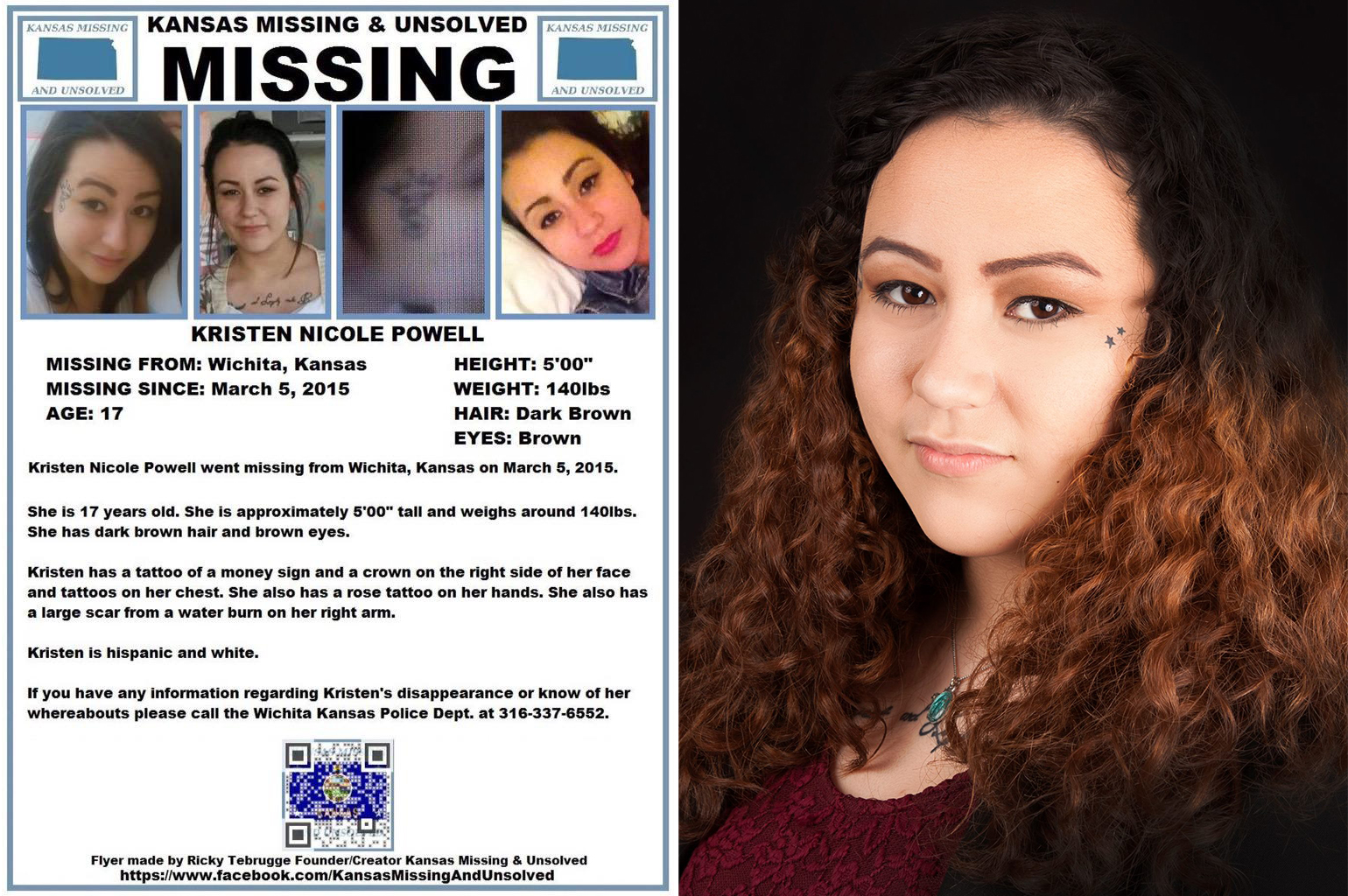 A photo mashup of a missing person flyer for a teen girl and a portrait photo of a woman