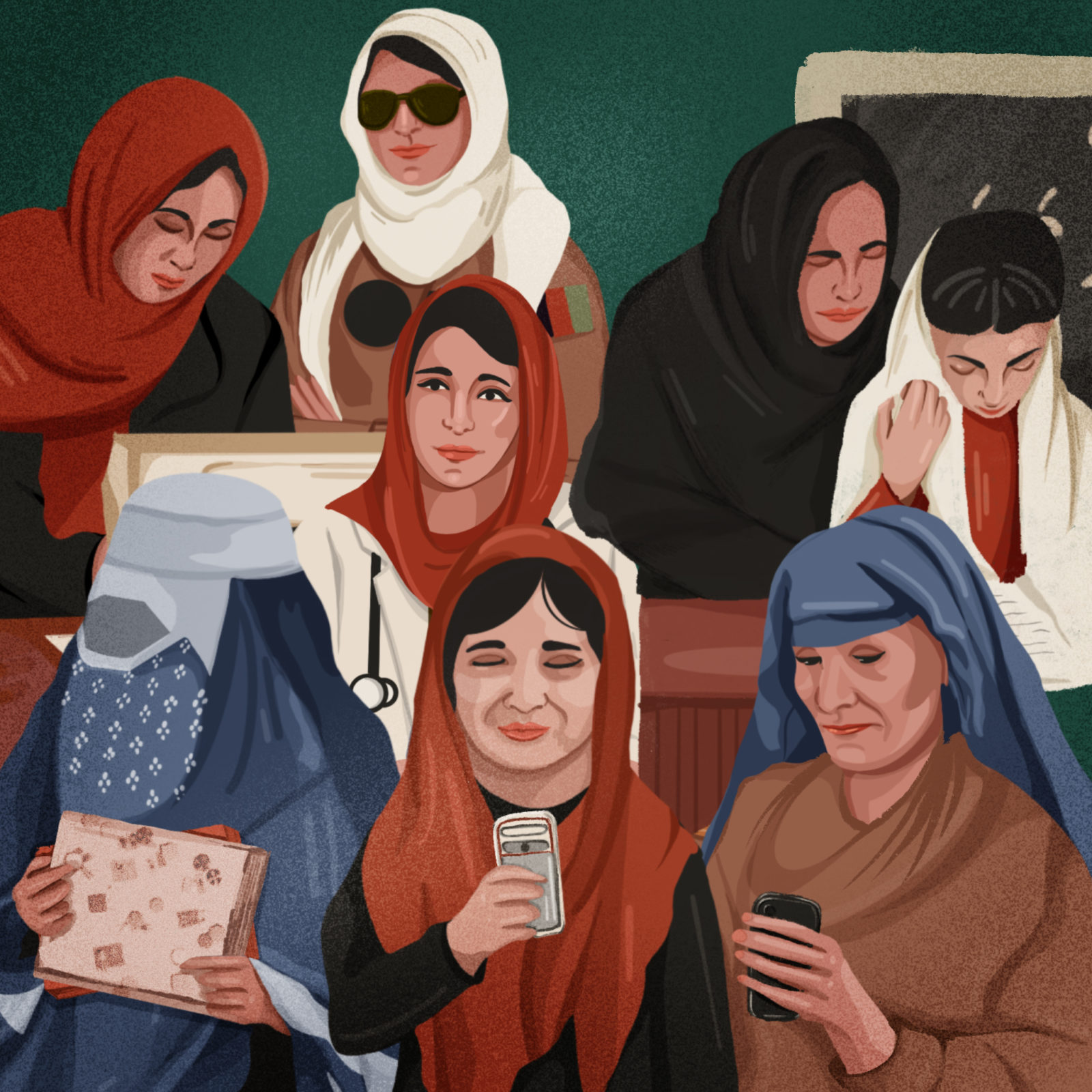 An illustration depicting Afghan women and girls