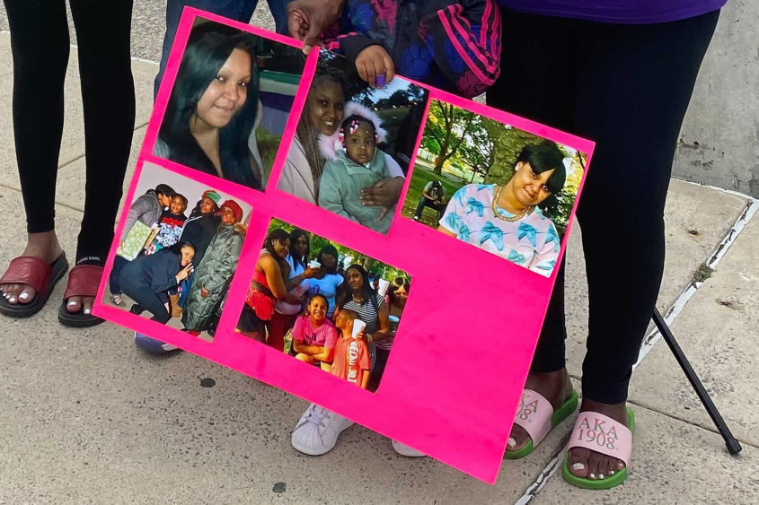 A photo of a pink poster with photos of a woman and her family