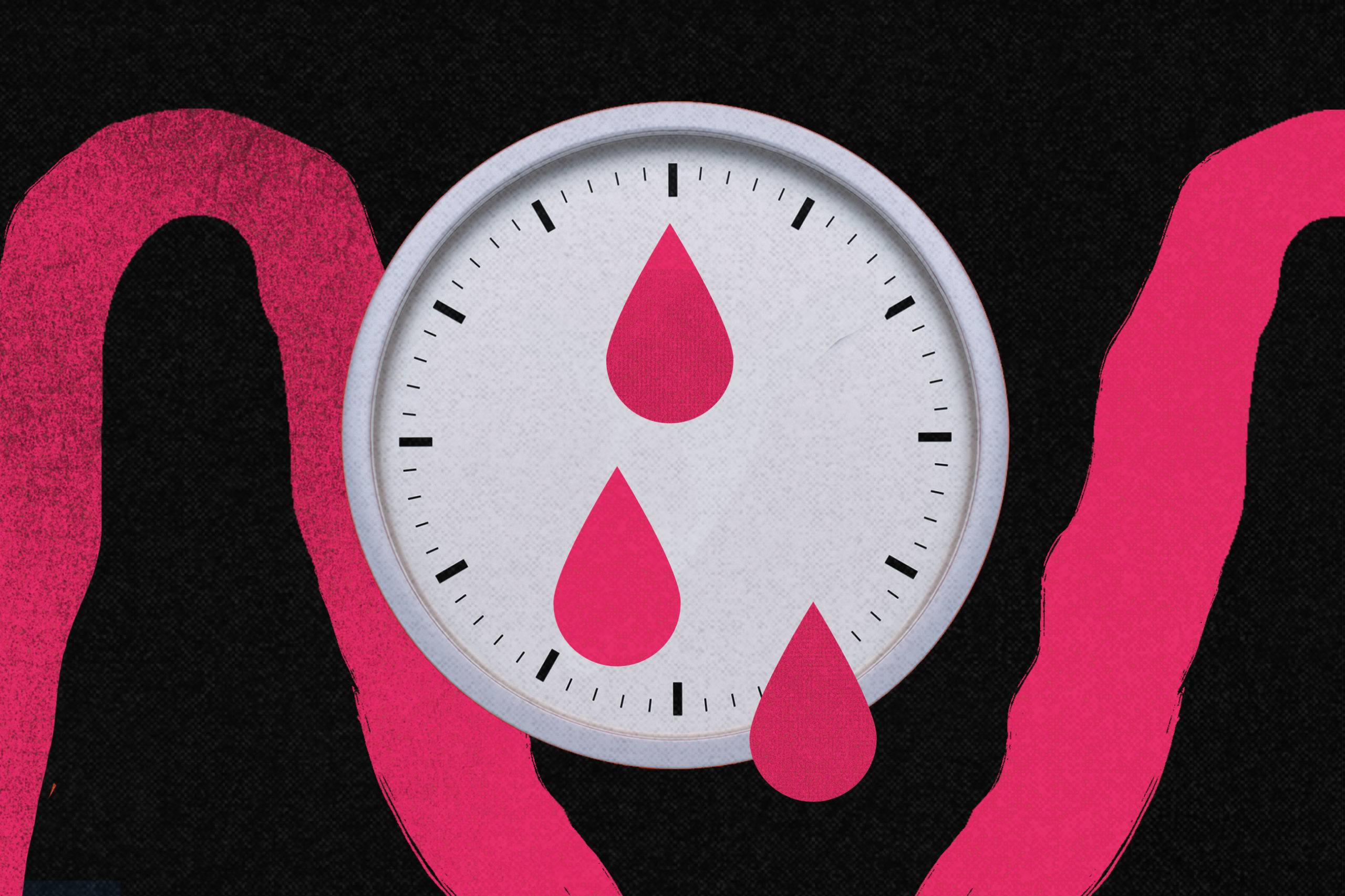 An illustration of a white clock with blood droplets in the middle.