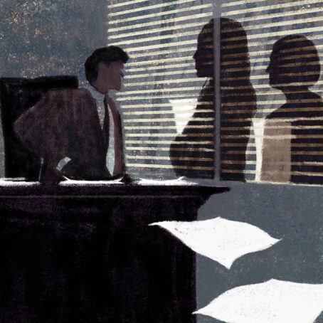 Illustration of a man sitting in a office chair with a desk and two women are standing behind blinds.