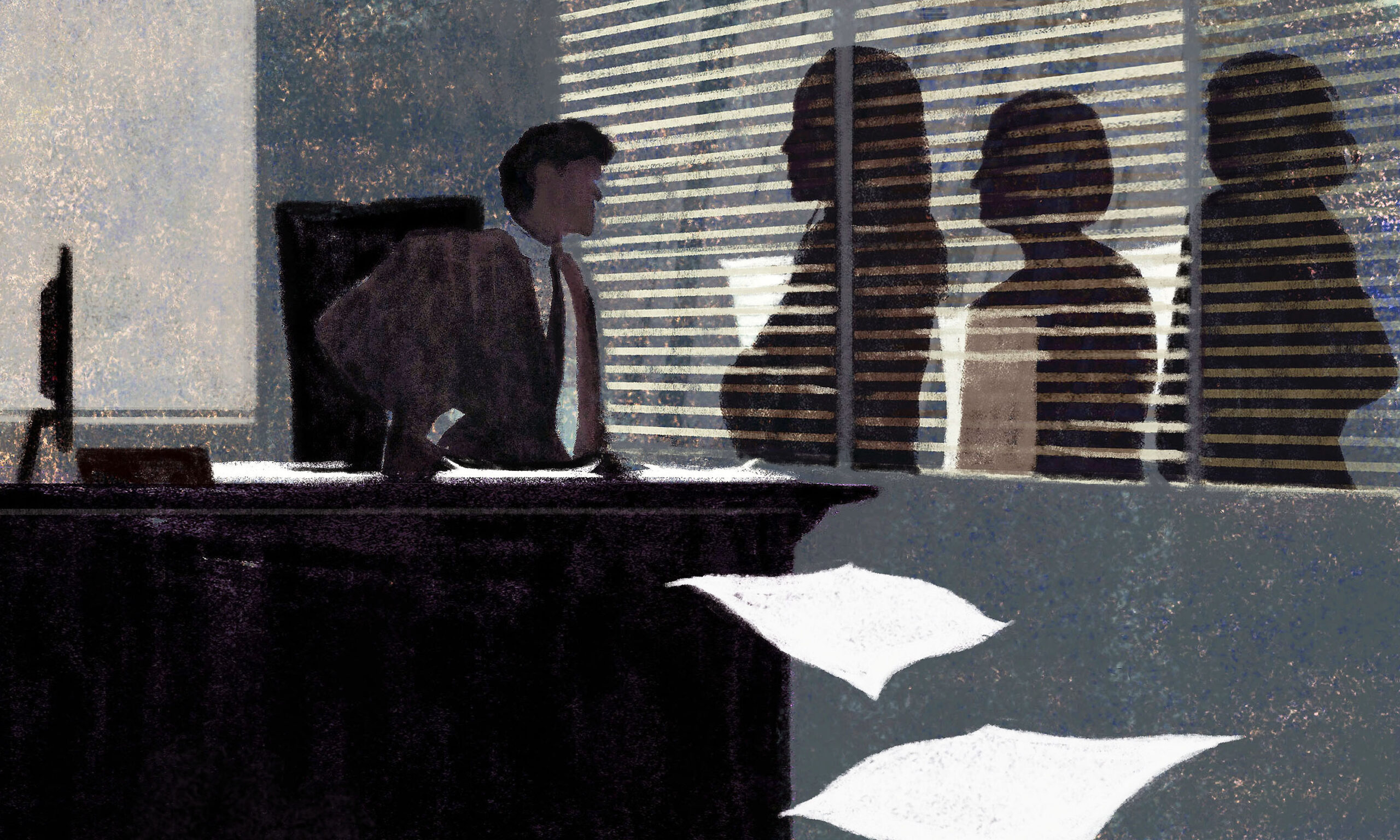 Illustration of a man sitting in a office chair with a desk and two women are standing behind blinds.