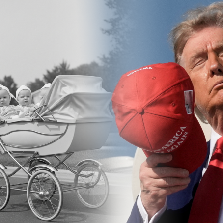 On the left is a black and white image of a woman pushing a baby pram, and on the right is Donald Trump holding a red cap with his eyes closed.