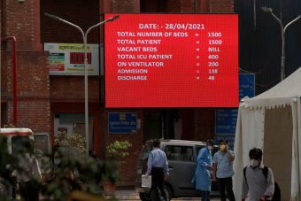 A board indicates 'NIL' vacant beds at the Lok Nayak Jai Prakash Narayan Hospital (LNJP), one of the largest facilities for coronavirus disease patients, in New Delhi on April 28, 2021. India touched another grim milestone as the overall deaths in the pandemic crossed the 2-lakh mark. Over 3.6 lakh new cases were reported in the last 24 hours in yet another single-day record. (Photo by Mayank Makhija/NurPhoto via Getty Images)