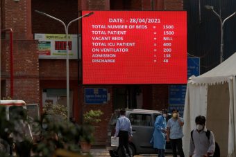 Corona Virus Outbreak In India A board indicates 'NIL' vacant beds at the Lok Nayak Jai Prakash Narayan Hospital (LNJP), one of the largest facilities for coronavirus disease patients, in New Delhi on April 28, 2021. India touched another grim milestone as the overall deaths in the pandemic crossed the 2-lakh mark. Over 3.6 lakh new cases were reported in the last 24 hours in yet another single-day record. (Photo by Mayank Makhija/NurPhoto via Getty Images)